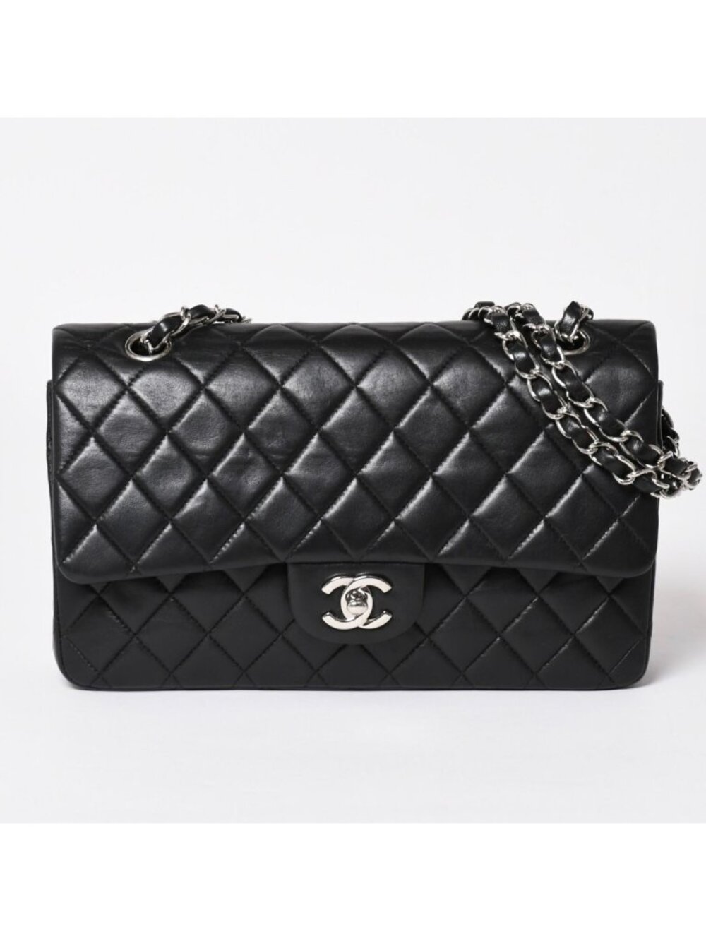 Chanel Quilted 25 Double Flap Chain Shoulder Bag Lambskin CC Logo Black Silver